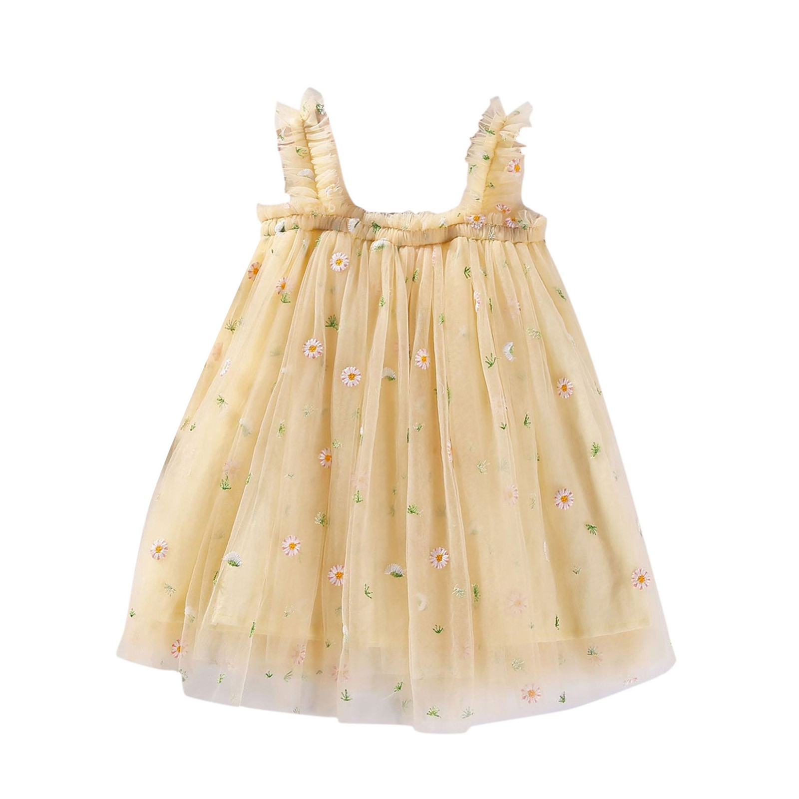 Youmylove Toddler Baby Kids Girls Daisy Floral Summer Sleeveless Beach Tutu Dress Casual Layered Tulle Dresses Princess Birthday Party Beach Dresses 1-6Y